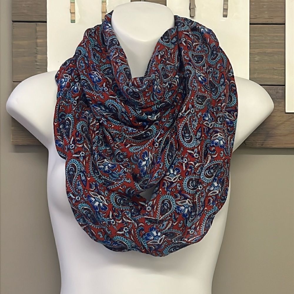 Talbots Woman’s Red Paisley Infinity Fashion Viscose Scarf- OSFM Approx 32”, 21”
